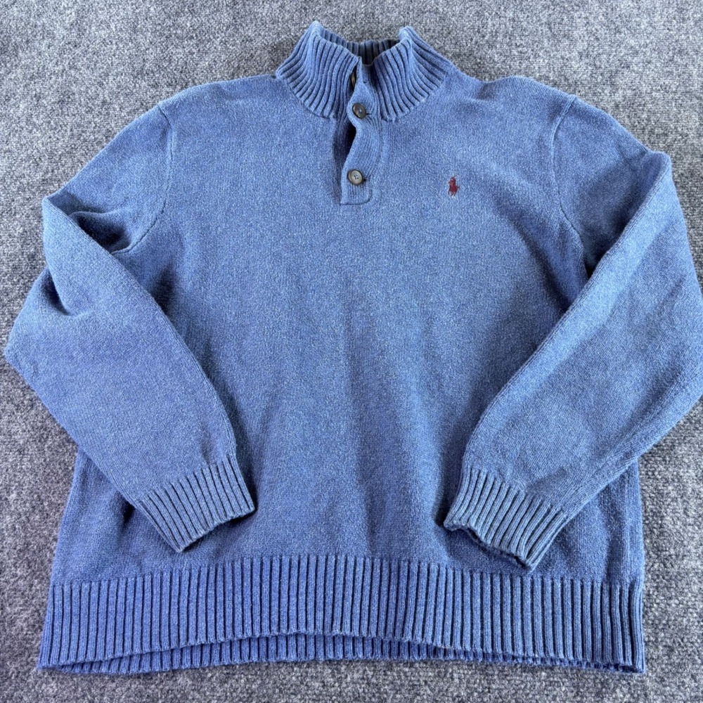 Polo Ralph Lauren Sweater Mens L Blue Cotton Button Mock Neck Pony Logo Knit